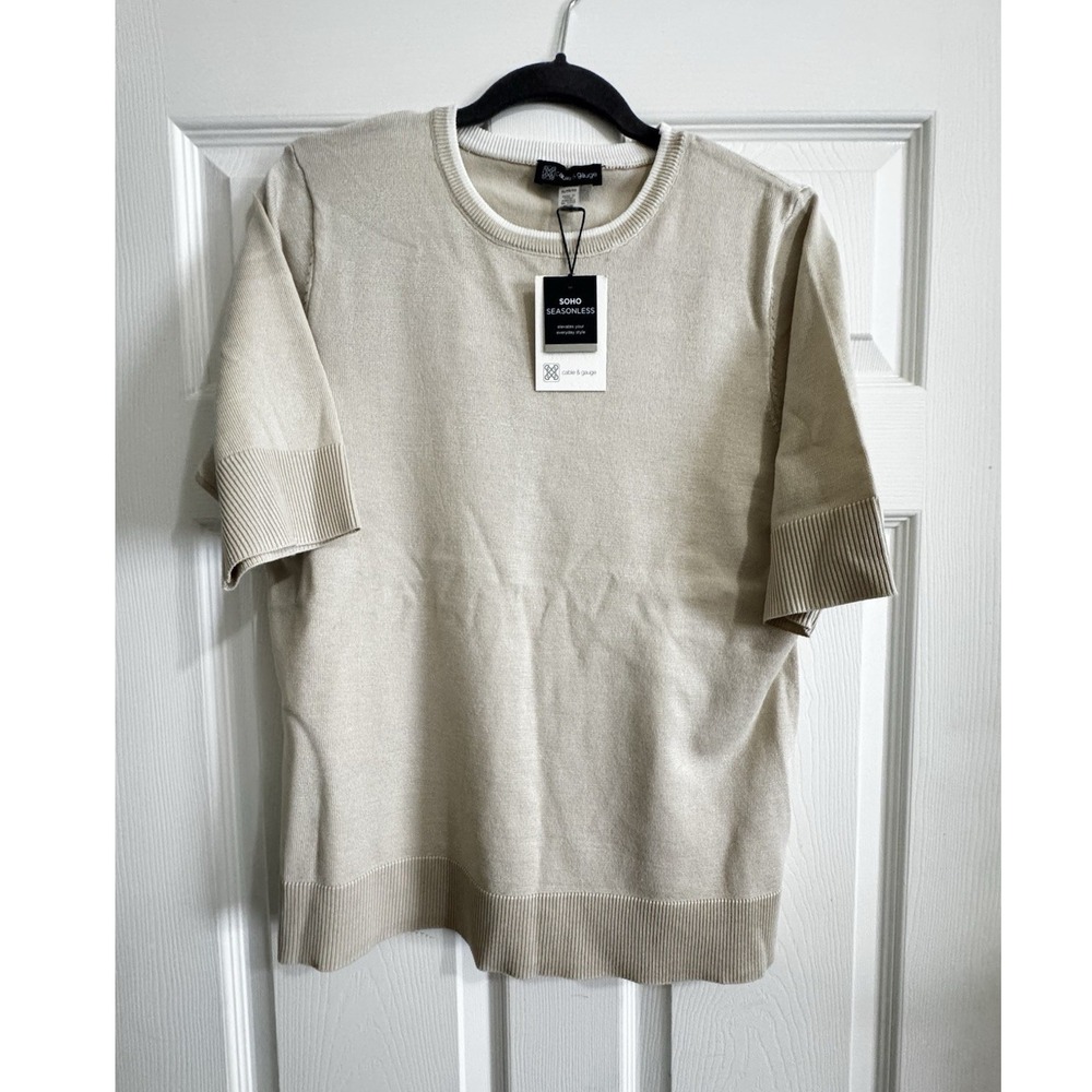 Cable & Gauge Beige Knit Pullover Sweater XL Ribbed Trim Lightweight Crew Neck
